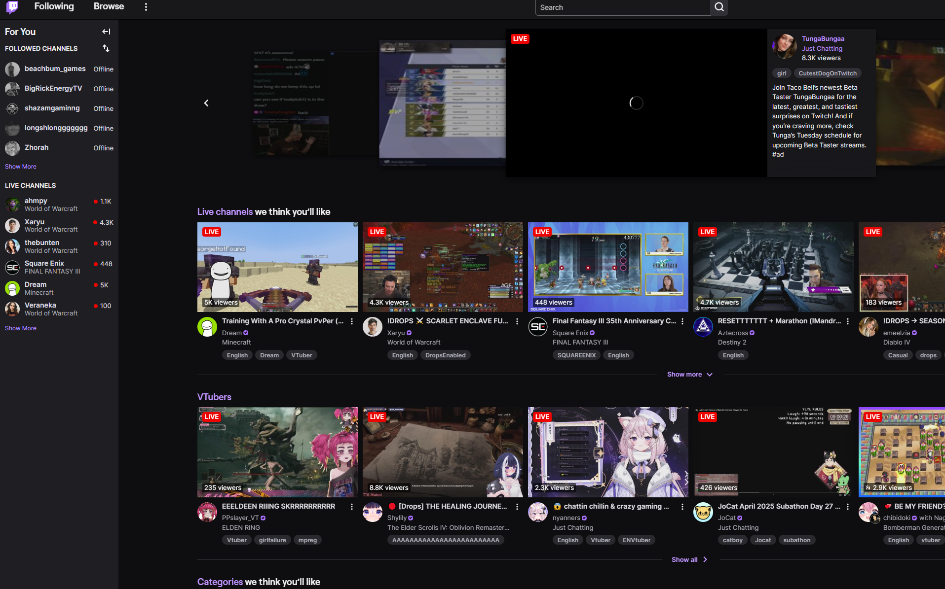 Twitch landing page.