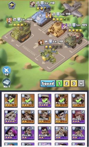 Optimized Kimberly squad with fully leveled tanks, aircraft, and support units, ideal synergy for high damage output.