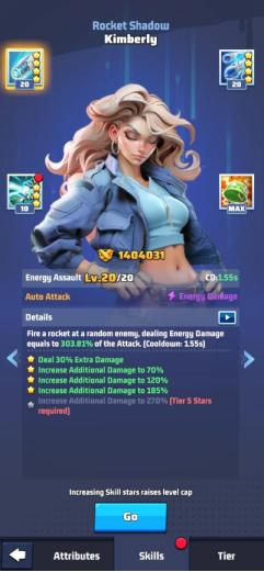 Kimberly’s skill screen showing Energy Assault at max level, with detailed damage bonuses and cooldown info.