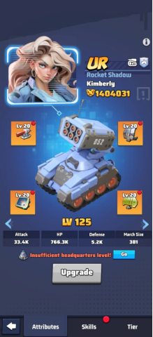 Kimberly UR hero with tank unit, full level 20 gear, showing attack, HP, defense, and march stats.