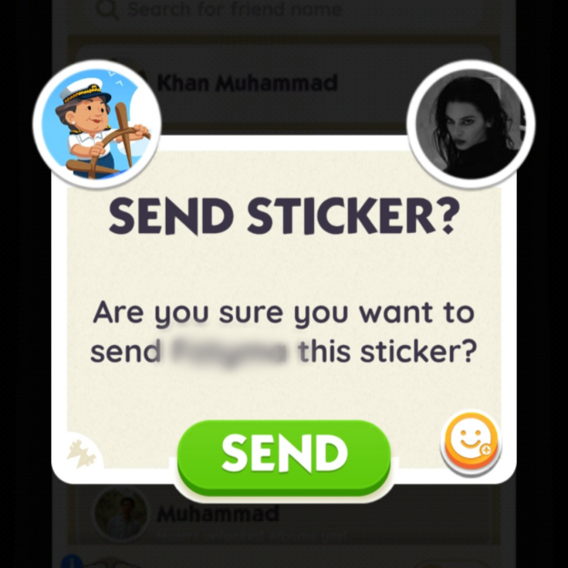 A screenshot of the Monopoly Go in-game trading interface, displaying a confirmation message for a sticker to send to friend.