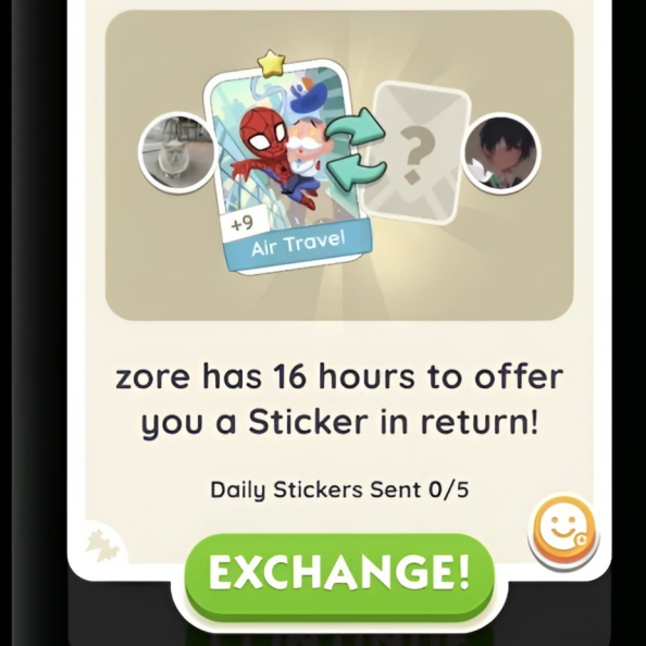A screenshot from Monopoly Go showing the in-game interface for proposing a sticker exchange, with options to select duplicate stickers to send and desired stickers to receive from a friend.