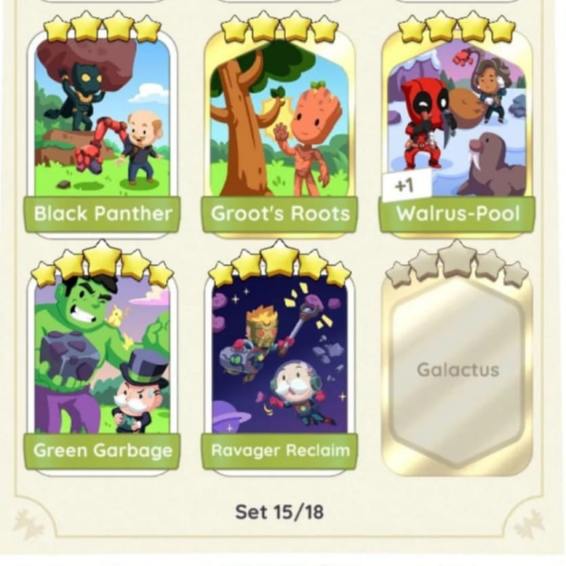 A screenshot from Monopoly Go showing a section of the sticker album with a highlighted gold border, indicating a slot for a rare Gold Sticker.