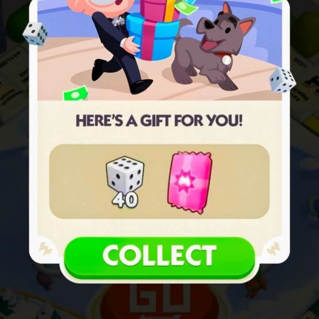  A screenshot from Monopoly Go showing a daily free gift notification, displaying a sticker pack as one of the available rewards, emphasizing consistent free sticker acquisition.