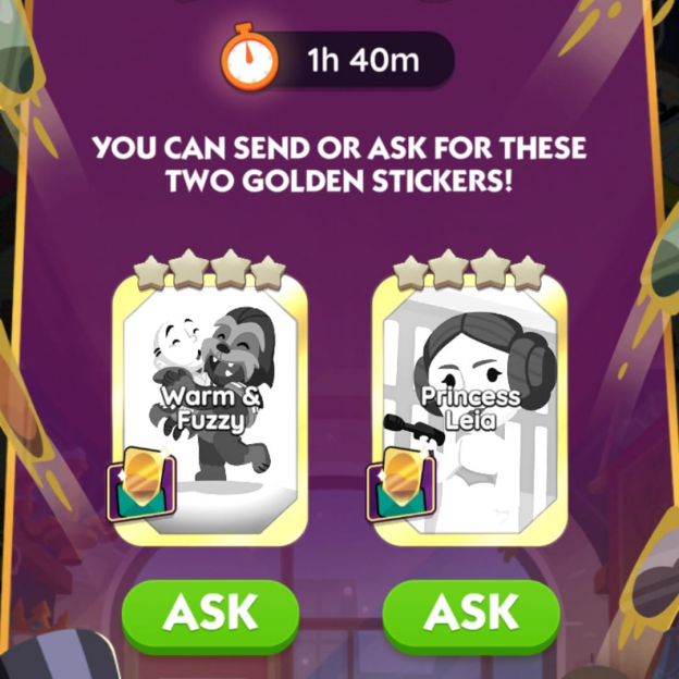 A screenshot of the Monopoly Go sticker album interface, highlighting several duplicate stickers that a player possesses and can use for trading with other players.