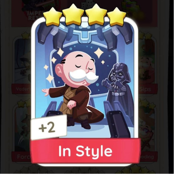 A screenshot from Monopoly Go showcasing a player's sticker album with several duplicate stickers highlighted, indicating they are available for trading and exchange.